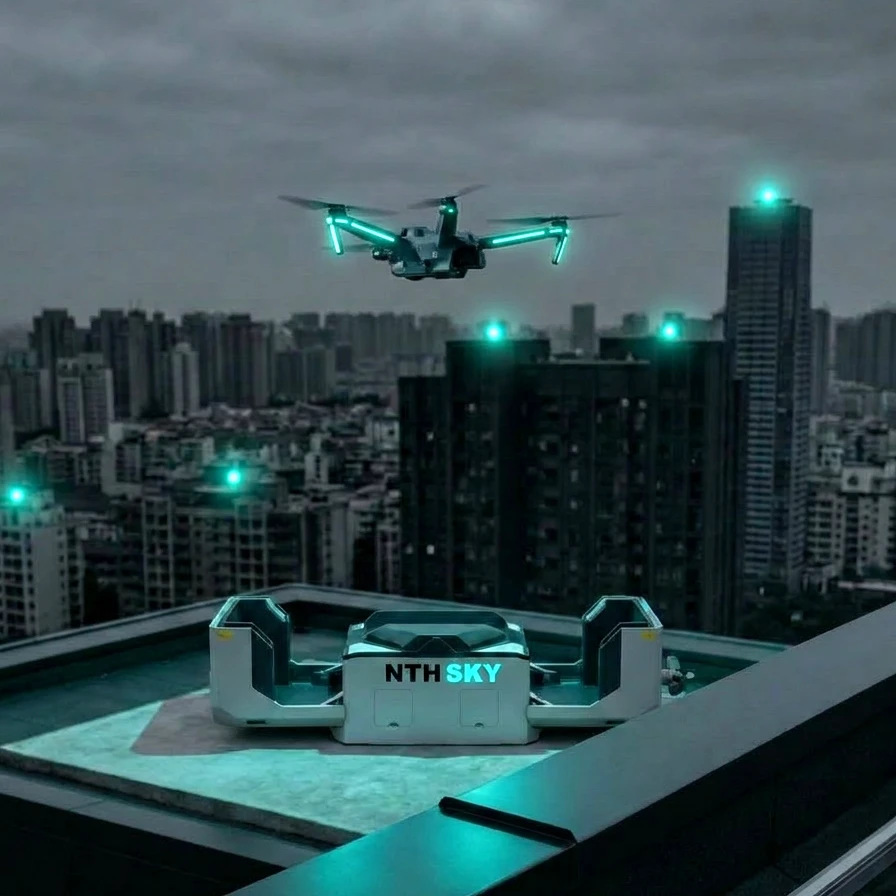 NTHSKY drone hovering over a nighttime city rooftop landing pad